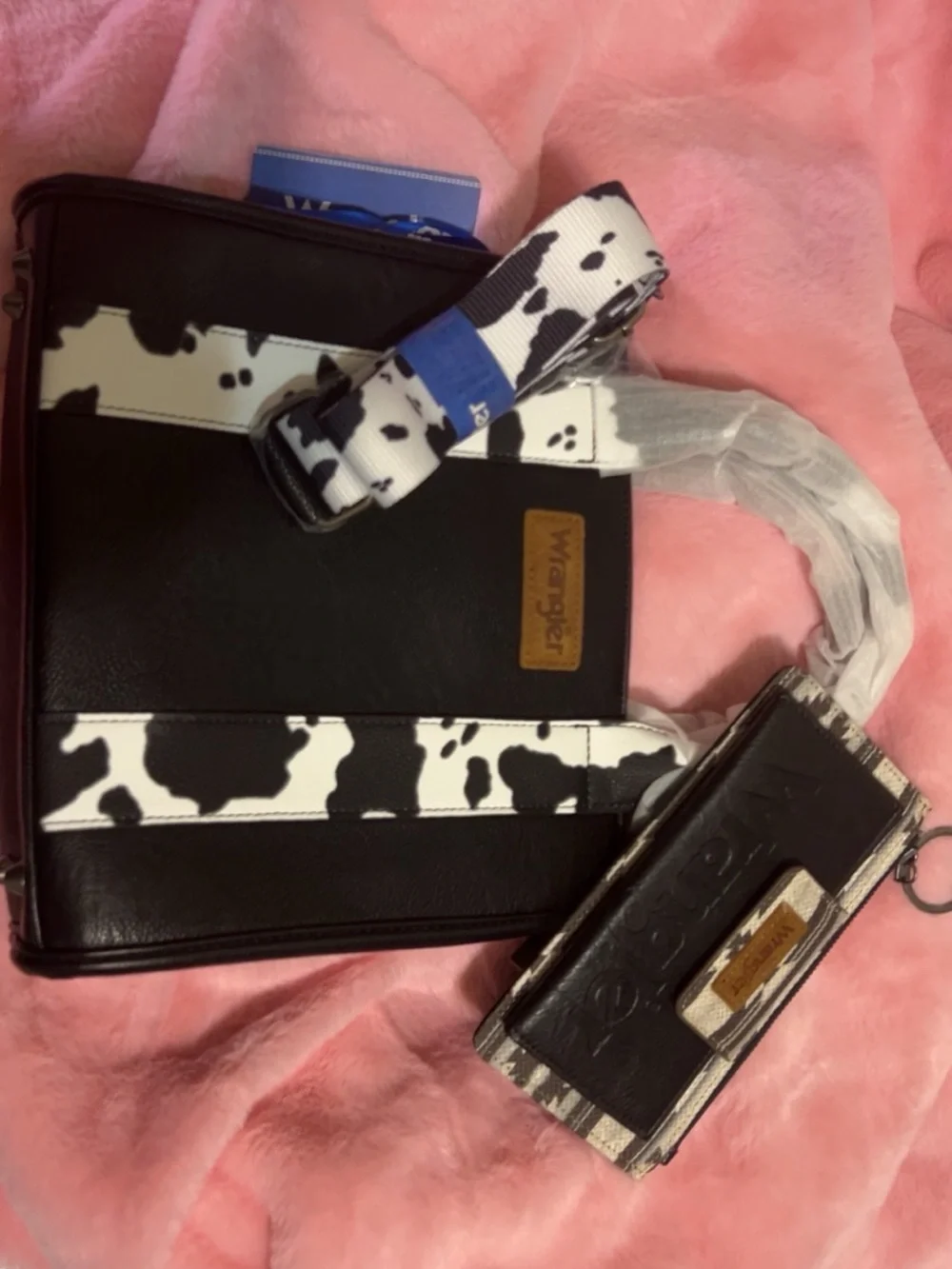 Wrangle Black & White Cow Print Tote with Matching Strap and a wrangler wallet